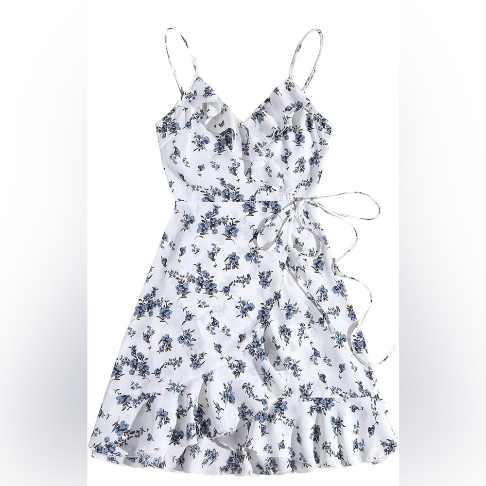 White Floral Ruffle Wrap Dress - Blue Floral Print